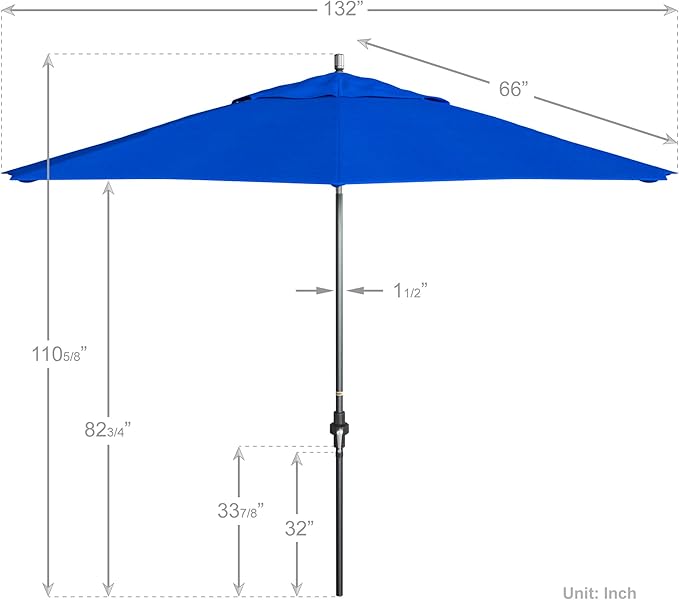 California Umbrella 11Ft Premium Sunbrella Patio Umbrella, Hand-Crank, Tilt-Collar, Gray Frame, Pacific Blue Fabric