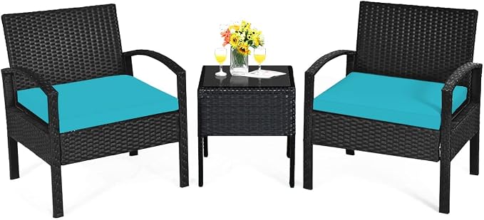 Tangkula 3 Piece Patio Conversation Set, Outdoor Rattan Sofa Set with Seat Cushions & Coffee Table, Patio Wicker Furniture Set for Garden Balcony Backyard Poolside (Turquoise)