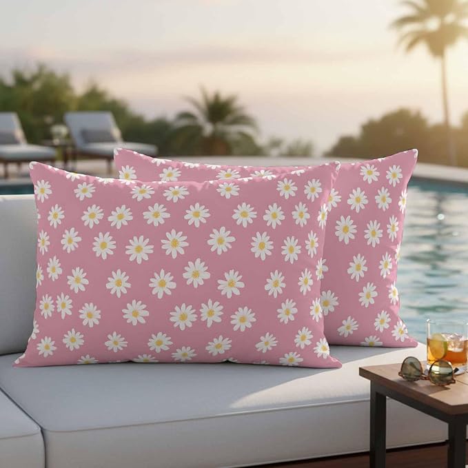 Lumbar Pillow Covers 20x12 Inch Set of 2, White Pink Daisy Waterproof Outdoor Pillow Covers, Spring Summer Floral Farmhouse Decorative Cushion Pillowcases for Couch, Sofa, Bed, Garden, Patio