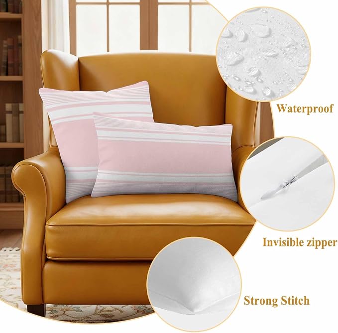 Outdoor Waterproof Throw Pillow Covers, Pink Striped Decorative Pillow Cases, Modern Color Block Farmhouse Stripes Couch Pillow Protector Patio Sofa Cushion Covers Replacement 24"x24" 2 Pack