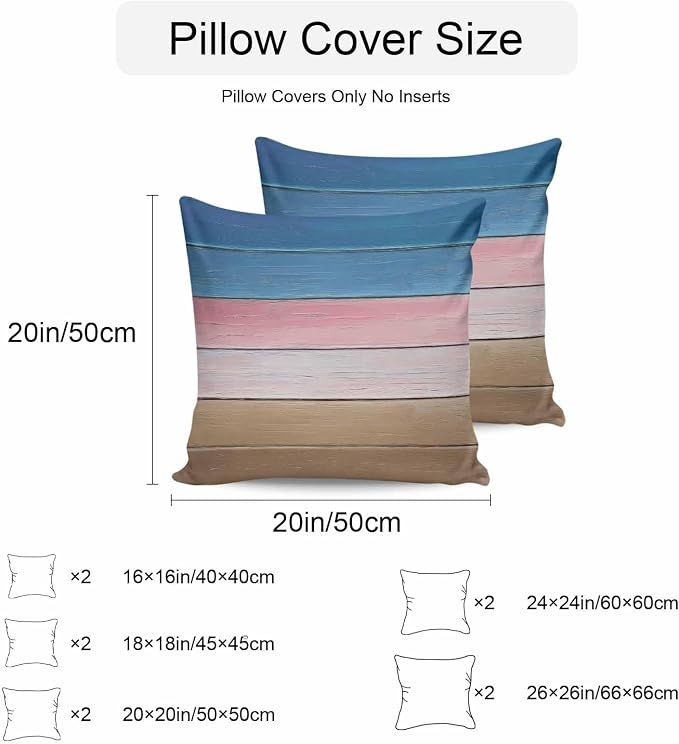 Pink Blue Brown Outdoor Pillow Covers 16x16 Inch Throw Pillow Covers Set of 2 Waterproof Decorative Pillow Cases Farmhouse Gradient Wooden Plank Art Cushion Covers for Patio Furniture Garden Couch