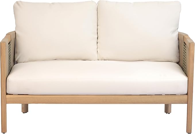 Christopher Knight Home 4-Piece Acacia Wood Patio Furniture Set with Coffee Table, 4 Seater Outdoor Conversation Sofa Set, Patio Sectional Chat Set for Backyard Balcony, Teak+ Beige