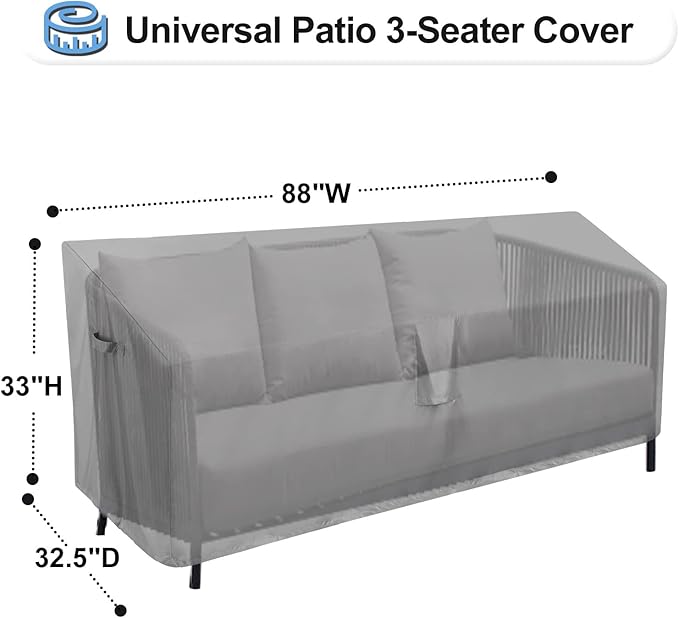 OutdoorLines Outdoor Waterproof Patio 3-Seater Couch Cover - UV Resistant Patio Sofa Furniture Covers Weatherproof Heavy Duty Glider Covers for Outdoor Furniture, 88Wx32.5Dx33H Inches, Gray