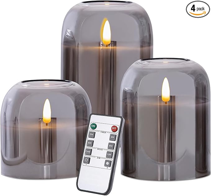 volnyus Grey Glass Flameless Candles with Remote Set of 3 Battery Operated Flickering LED Pillar Candles Real Wax Wick Φ 4"" H 4"" 5"" 6"", Gray