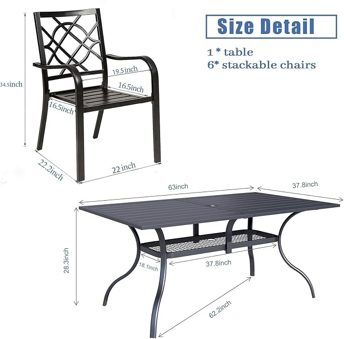 7 Pieces Patio Metal Furniture Outdoor Dining Set with 6 Stackable Bistro Chairs, and 60'' x 37'' Rectangle Table with Umbrella Hole (Black)