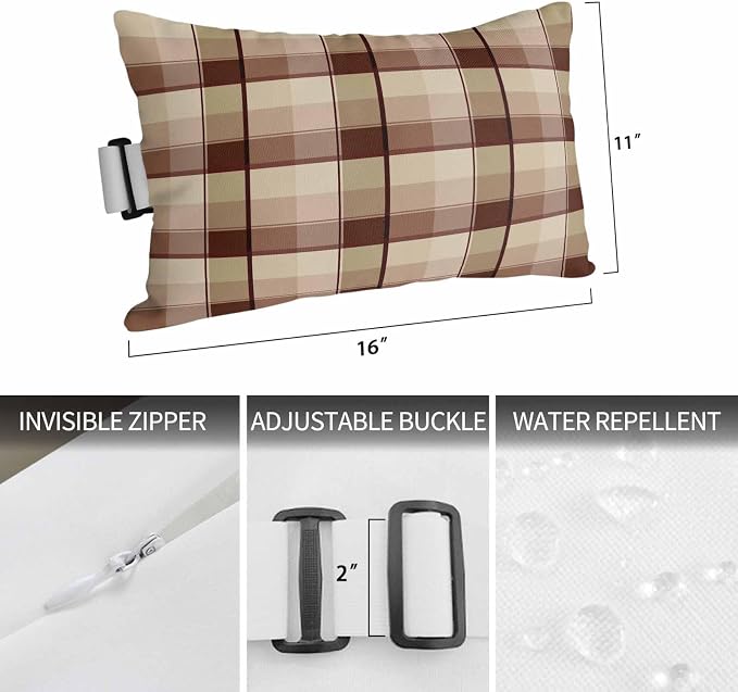 Outdoor Head Pillow with Adjustable Elastic Strap, Vintage Farm Buffalo Checker 2 Pack Waterproof Headrest Cushion Pillows for Balcony/Garden/Beach/Pool Chair Recliners Brown Khaki Plaid Lattice
