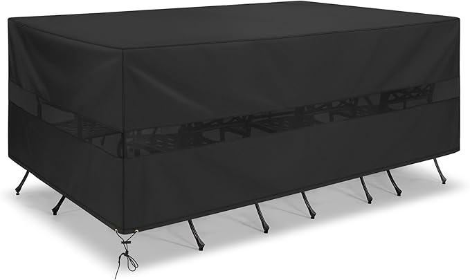 SunPatio Patio Furniture Covers Waterproof, Rectangular Table and Chairs Set Cover, Outdoor Furniture Set Cover with Drawstrings and Taped Seams, All Weather Protection, 110"W x 80"D x 30"H, Black