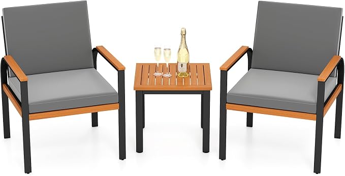 Tangkula 3 Pieces Patio Furniture Set, Outdoor Cushioned Conversation Chairs Set with Acacia Wood Side Table, for Porch, Balcony and Garden
