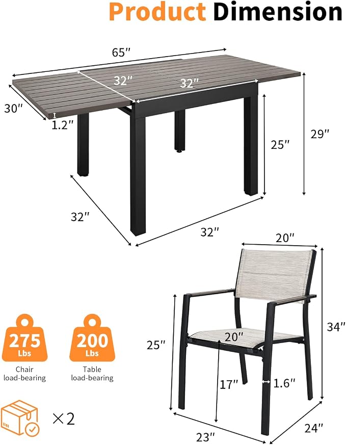 5 Pieces Outdoor Dining Set, Never-Rust Aluminum Expandable Patio Dining Table Set, 32"-65" Extendable Patio Table and Stackable Textilene Dining Chairs for Backyard, Deck, Indoor, Limed Oak