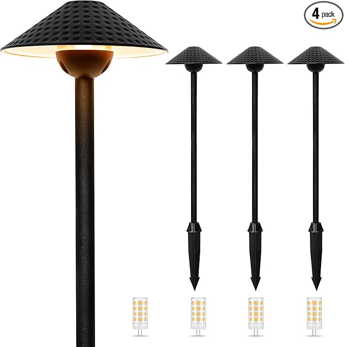 Low Voltage Pathway Lights (6.69'' Shade, 21.54'' Tall) 12V Outdoor LED Landscape Pathway Lighting Aluminum Vintage Hammered Path Lights with 4W 2700K Replaceable Bulb, 4 Pack