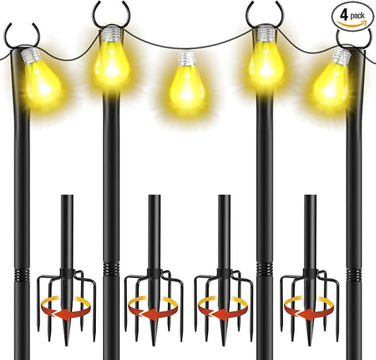4 Pack 10Ft String Light Poles, Metal Poles with Fork for Outside Lights, Outdoor Metal Light Stand with Fence Brackets Hanging Lights for Garden Patio Wedding Backyard
