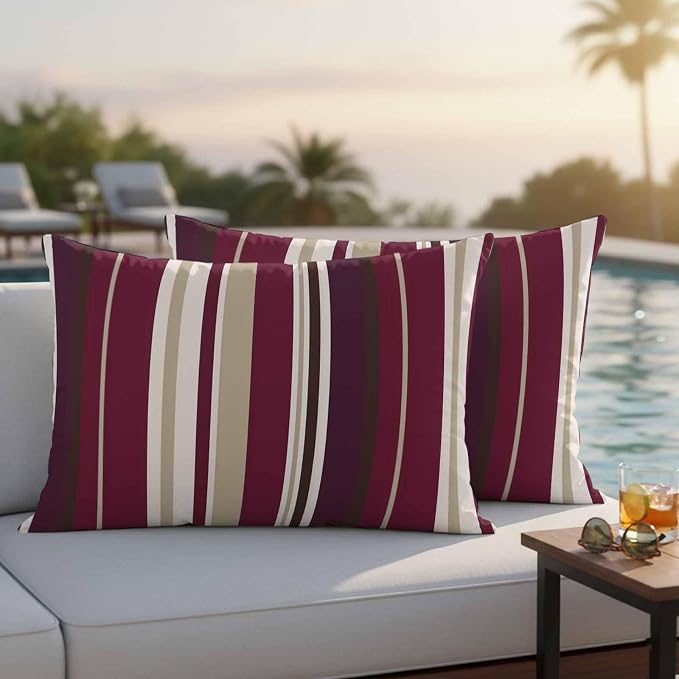 Outdoor Waterproof Throw Pillow Covers Set of 2 Red Striped Lumbar Pillowcases 20x12 Inches Geometric Beige Stripes Decorative Pillows Cushion Case Patio Pillows for Couch Bed Chair Garden