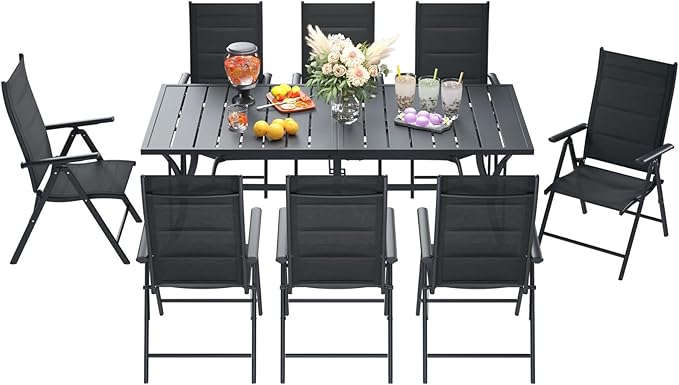 BUPPLEE 9-Piece Outdoor Dining Set with 8 Padded Aluminum Foldable Chairs & Rectangular Table with Umbrella Hole - Patio Furniture for Backyard, Balcony, Poolside