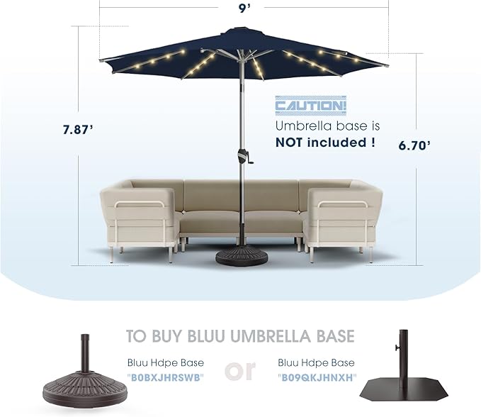 BLUU 9 Ft Patio Umbrella with Solar LED Lights, 5-Year Fade-Resistant Aluminum Outdoor Table Umbrella with Tilt Adjustment and Crank for Pool, Deck, Garden and Lawn, Navy Blue