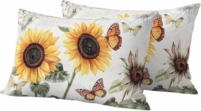 Sunflower Outdoor Waterproof Throw Pillow Covers Set of 2, 20"x12", Farmhouse Rustic Retro Summer Floral Butterfly Decorative Pillow Covers Outside Cushion Case for Patio Porch Garden