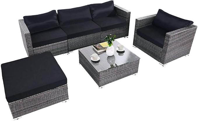 Tangkula 6PC Patio Furniture Set Outdoor Garden Backyard Poolside All Weather PE Rattan Wicker Steel Frame Sectional Cushioned Seat Sofa Conversation Set (Grey)
