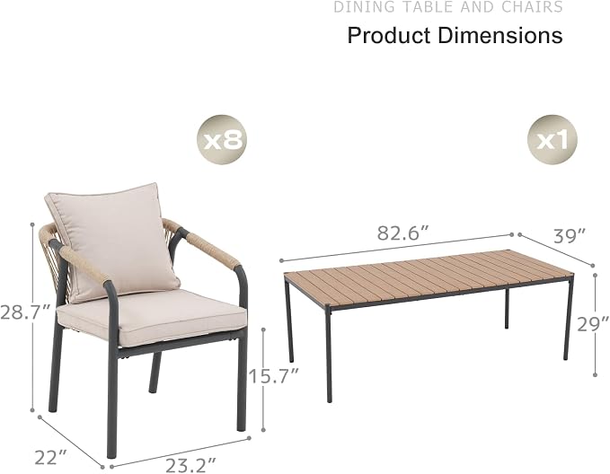 SUNSITT 9 Piece Outdoor Patio Dining Set, Patio Dining Furniture Set with 82.6” Metal Dining Table w/WPC Tabletop and 6 Woven Rope Patio Chairs w/Curved Armrest for Garden, Beige