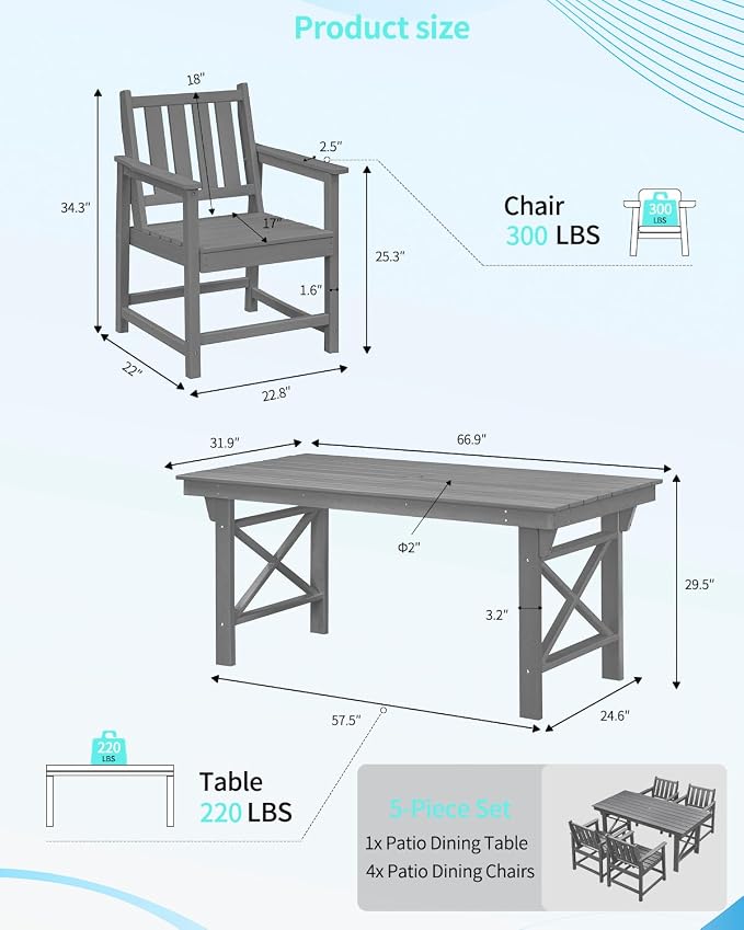 Outdoor Patio Dining Set, 5-Piece Rectangular HDPE Dining Table with Umbrella Hole and 4 Chairs, Modern Patio Furniture Dining Sets for Poolside, Deck and Garden, Gray