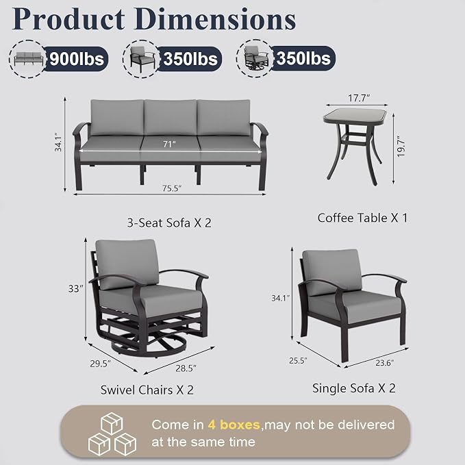 ALAULM Aluminum Patio Furniture Set with 2 Swivel Chairs 7-seat Metal Outdoor Furniture Patio Sectional Sofas Patio Conversation Set w/5.1" Cushions for Patio, Backyard, Poolside-Grey