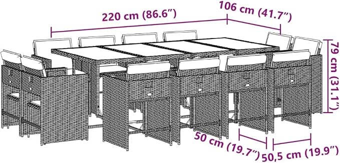 13 Piece Patio Dining Set with Cushions Beige Poly Rattan Outdoor Rattan Table and 12 Stackable Chairs with Foldable Backrest for Garden Backyard Deck Entertaining