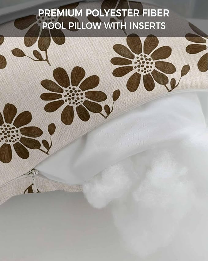 Pack of 2 Outdoor Lumbar Cushions with Inserts, Brown Flower Abstract Ethnic Linen Pattern Waterproof Fluffy Fade Body Pillows, Patio Furniture Pillow for Home Balcony Garden Decor 12x20IN