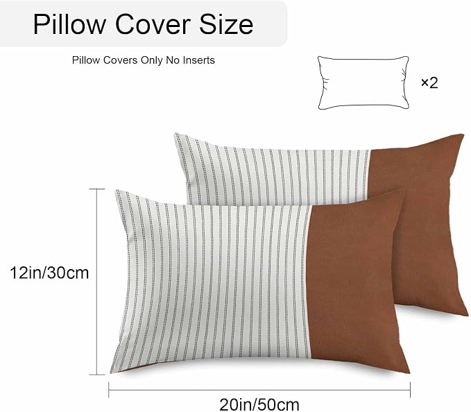 Boho Brown Leather Texture Outdoor Pillow Covers 20x12 Inch Lumbar Pillow Covers Set of 2 Waterproof Decorative Throw Pillow Cases Modern Black Striped Cushion Covers for Patio Furniture Garden Couch