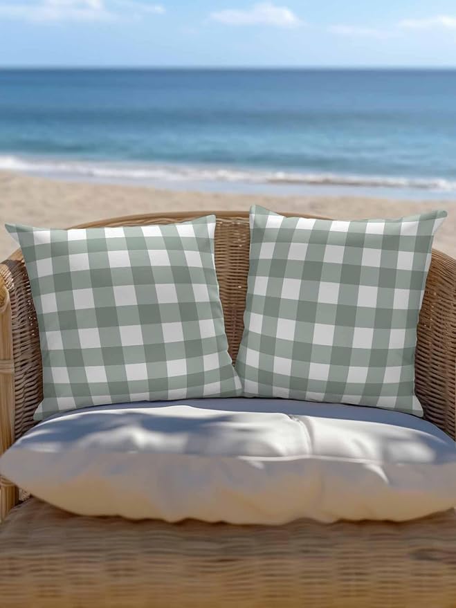 Waterproof Outdoor Pillow 1 Pack Sage Green Buffalo Plaid Decorative Throw Pillows Cover & Insert 16x16 Inch Pillowcase Check Lines Square Pillows for Couch Sofa Bed Patio Furniture Indoor Outdoor