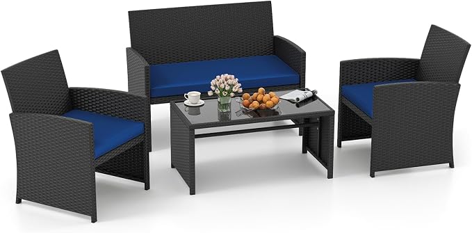 Tangkula 4 Pieces Patio Wicker Furniture Set, Outdoor Heavy Duty Rattan Cushioned Chairs, Loveseat and Tempered Glass Coffee Table, for Backyard, Balcony, Poolside