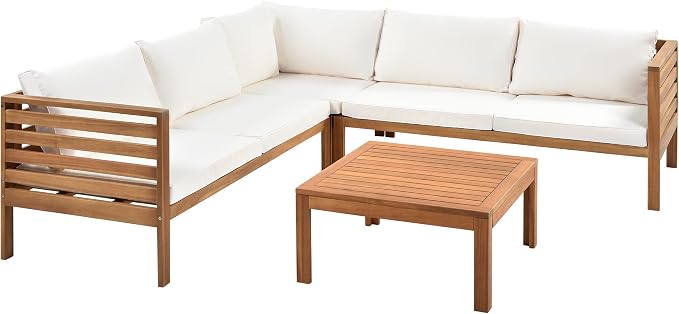 Outdoor Patio Conversation Furniture Set, Acacia Wood Sectional Sofa Set with Coffee Table, 4 Piece Outdoor Sofa Set with Two-person Sofa and Corner Sofa for Backyard (Natural log+Beige Cushions)