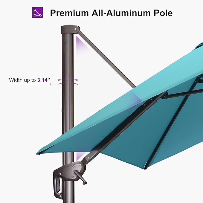 PURPLE LEAF 8' X 8' Cantilever Patio Umbrella with Base Included Antique Bronze Square Umbrella with 360° Rotation and Aluminum Offset Hanging Outdoor Umbrella for Pool Garden Backyard Deck, Turquoise
