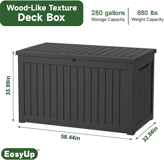 EasyUp 280 Gallon Deck Boxes Waterproof, Outdoor Large Storage Boxes with Lids, Outside Resin Storage Box & Deck Boxes for Patio, Garden Use(Black)