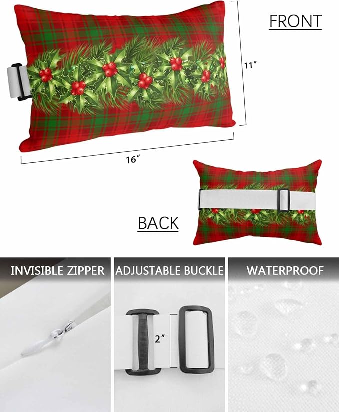 Outdoor Pillows Covers with Inserts Christmas Pine Berries Red Green Checked Plaid Waterproof Pillow with Adjustable Strap Throw Pillows for Patio Furniture Recliner Lounge Chair, 11x16 inch, 1PCS