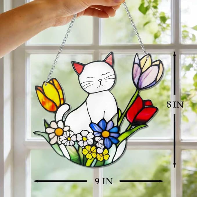 Cat Stained Glass Suncatcher Window, Hanging Sun Catchers Indoor Window, Suncatcher for Nana/Mom/Women (White Cat)