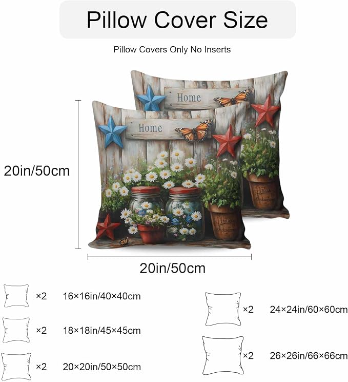 Daisy Flower Waterproof Outdoor Pillow Covers Set of 2 Home Decor, Retro Western Red Blue Stars Butterfly Wood Pillowcase Patio Pillow Covers for Couch Bench Furniture Garden 16x16in