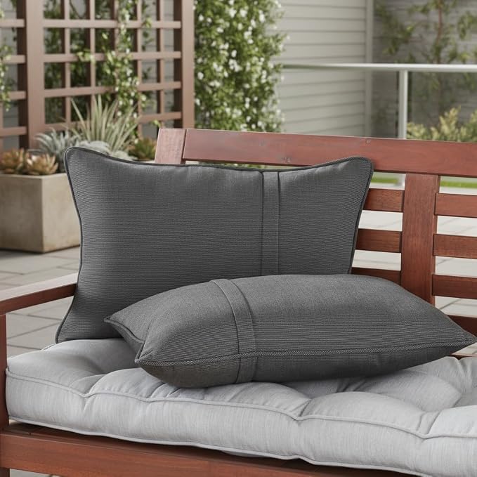 Sunbrella Rectangular Outdoor Throw Pillows 21x14 Set of 2 - Corded Lumbar Patio Accent Pillows with Pleated Design & Removable Zipper Covers – Weather & Fade Resistant Pillows, Canvas Coal