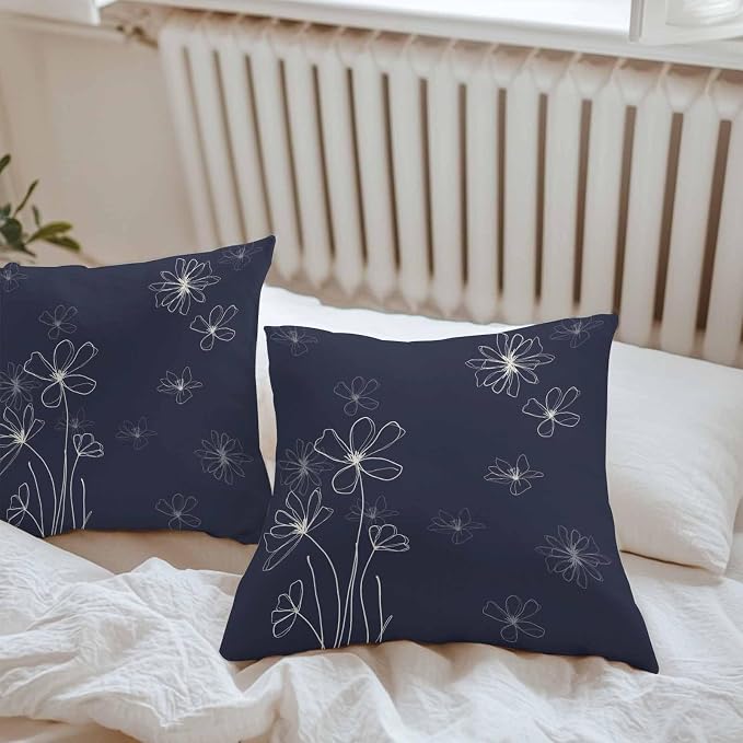 Throw Pillow Covers 18x18 Inch Set of 2, Navy Blue Waterproof Outdoor Pillow Covers, Spring Flora Decorative Cushion Pillowcases for Couch, Sofa, Bed, Garden, Patio