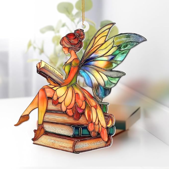 Fairy Stained Glass Style Acrylic Suncatcher, Fairy Ornament Window Hanging, Book Lover Gift for Women, Fairy Decor, Teacher & Librarian Book Club Decorations, Christmas Tree Ornament 4.5"(Sun-15)