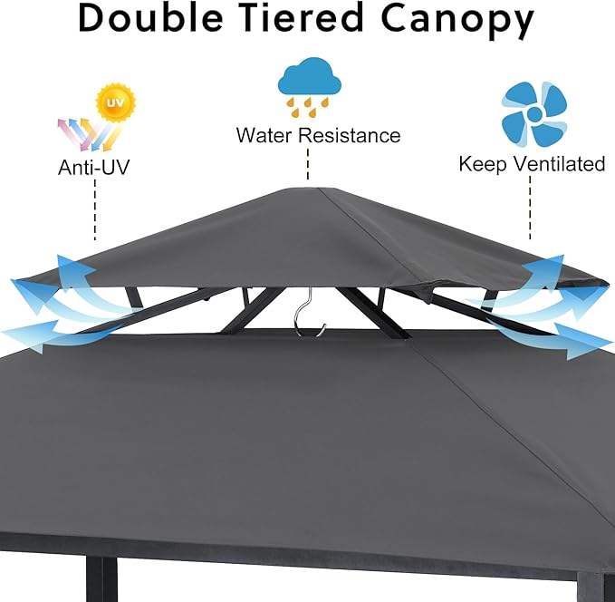 ABCCANOPY Grill Gazebo with Extra Awning - 6.4'x6.8' Outdoor BBQ Canopy with Bar Table and 2 Foldable Chairs, Barbecue with LED Lights for Backyard, Lawn and Patio (Dark Gray)