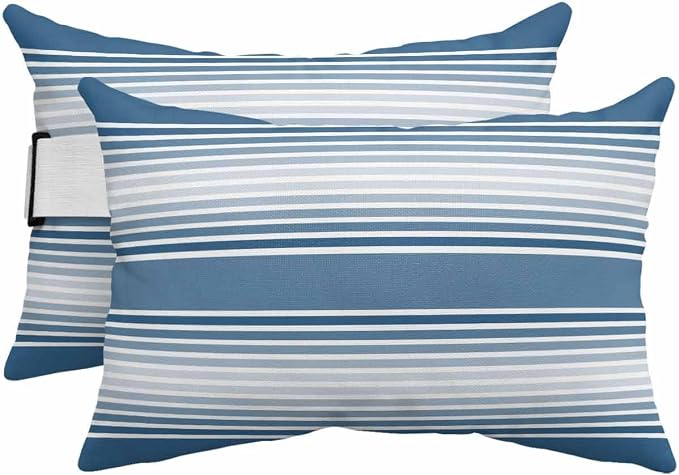 Pack of 2 Outdoor Lumbar Pillow Covers 11x16 Inch, Blue Striped Waterproof Throw Pillow Covers Set, Blue Ombre Farmhouse Stripes Indoor&Outdoor Decorative Cushion Cases for Patio Porch Car