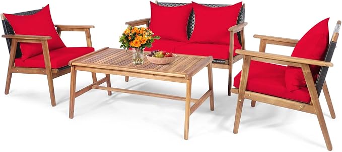 Tangkula 4-Piece Patio Furniture Set, Outdoor Acacia Wood Conversation Set with Cushions and Coffee Table, Outdoor PE Wicker Sectional Sofa Set for Garden, Poolside and Backyard (1, Red)