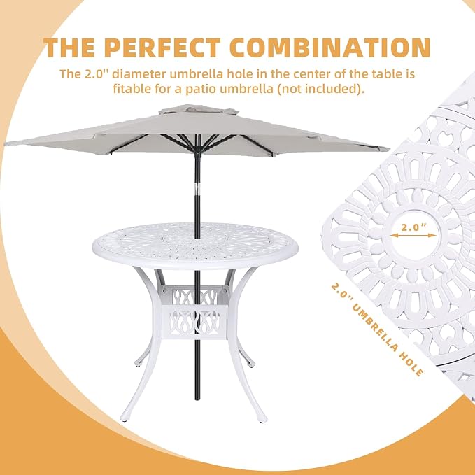 3-Piece Outdoor Patio Dining Set, All-Weather Cast Aluminum Patio Furniture Set for Backyard Garden Deck with 2 Swivel Cushioned Chairs and 35.4” Round Table, 2" Umbrella Hole, White