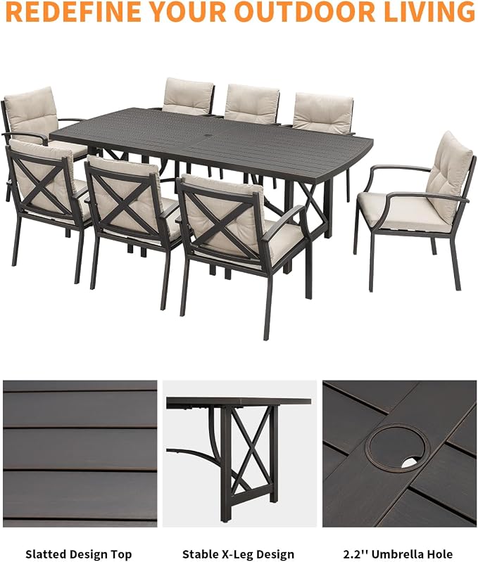 9 Pieces Outdoor Patio Dining Set, Never Rusts Aluminum Patio Table and Chairs Set, 8 Person Outdoor Dining Table Set Patio Furniture Set for Garden, Backyard, Deck, Gunmetal