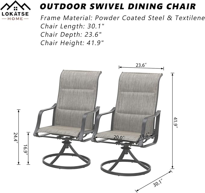 LOKATSE HOME Patio Chairs Set of 2, Outdoor Swivel Rocker Dining Chairs with Breathable Fabric and Powder Coated Steel Frame for Porch Balcony, Grey