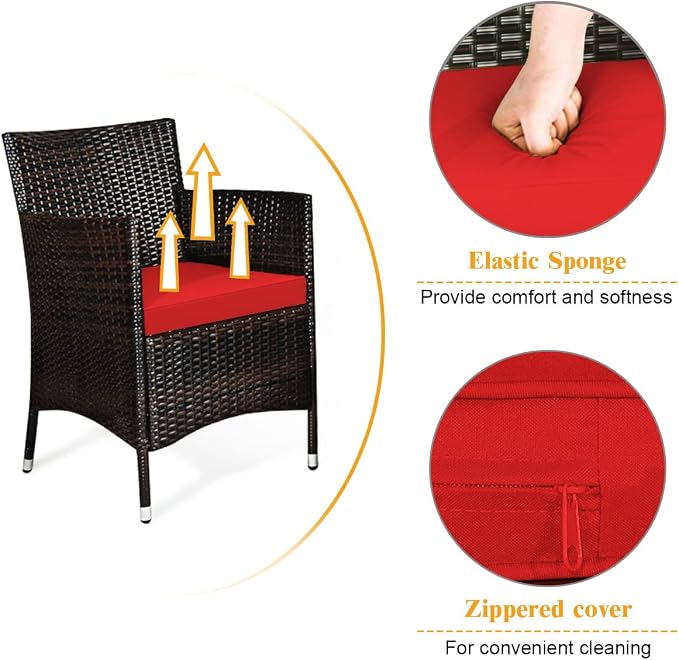 4 Pieces Patio Sofa Set, Wicker Conversation Set with Ergonomic Curved Backrest, Patio Rattan Furniture Set with Water-Resistant Cushion & Tempered Glass Table for Balcony, Porch (Red)