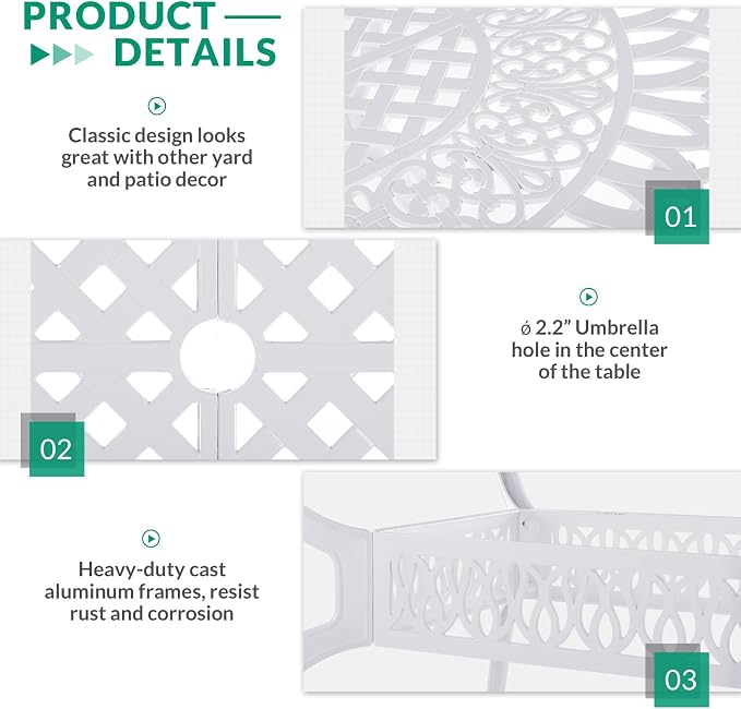 VIVIJASON 9-Piece Outdoor Furniture Dining Set, All-Weather Cast Aluminum Patio Conversation Set Include 6 Stationary Chairs, 2 Swivel Dining Chairs, Oval Table with Umbrella Hole(White/Green Cushion