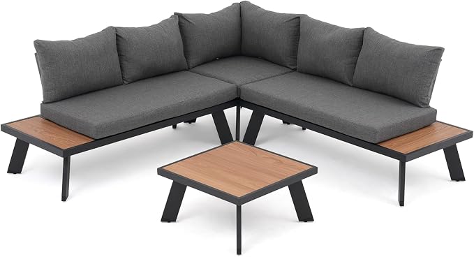 SUNSITT 4-Piece Outdoor Patio Furniture Set L-Shaped Aluminum Sectional Sofa with Faux Wood Grain Top Coffee Table, All-Weather Patio Conversation Set with Cushions, Dark Grey