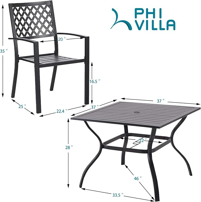 PHI VILLA Patio Dining Set, 4 Stackable Chairs w/Square Metal Table | 37" square metal table w/ 1.57" umbrella hole. Rust-resistant e-coated frame. Easy assembly. Perfect for patio,deck