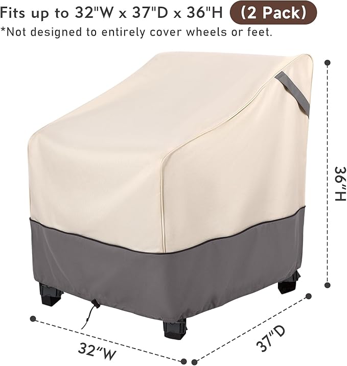 Waterproof Patio Furniture Chair Covers 2-Pack, Heavy Duty 600D Oxford Outdoor Protector for Deep Seat Chairs, UV & Wind Resistant All-Season Protection, 32"W x 37"D x 36"H (Beige/Grey)