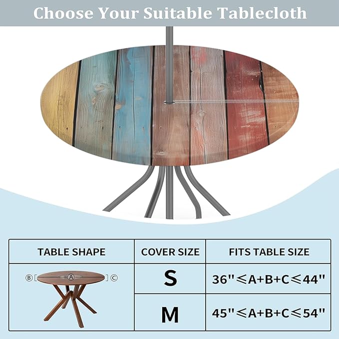 OSAM SPACE Outdoor Tablecloth with Umbrella Hole, Round Elastic Fitted Table Cloth with Invisible Zipper,Wooden Picnic Patio Table Cover 36-44in