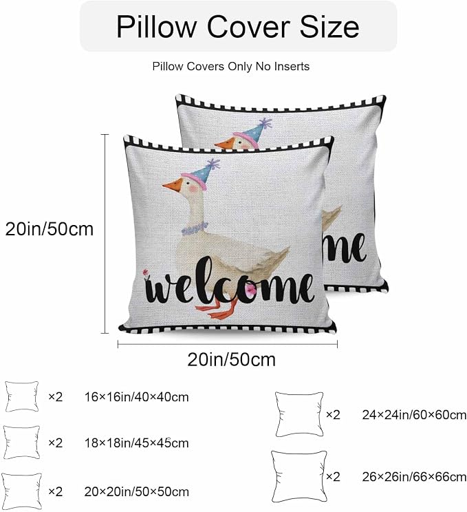 Welcome Duck Outdoor Pillow Covers 24x24 Inch Throw Pillow Covers Set of 2 Waterproof Decorative Pillow Cases Funny Animal Duck in Flim Flowers Black Gray Cushion Covers for Patio Furniture Garden
